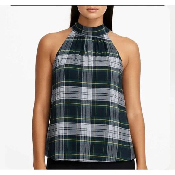 J CREW Plaid Halter Top Blue Green Yellow Tie Neck Holiday Winter H3481 Size 10 - Picture 1 of 9
